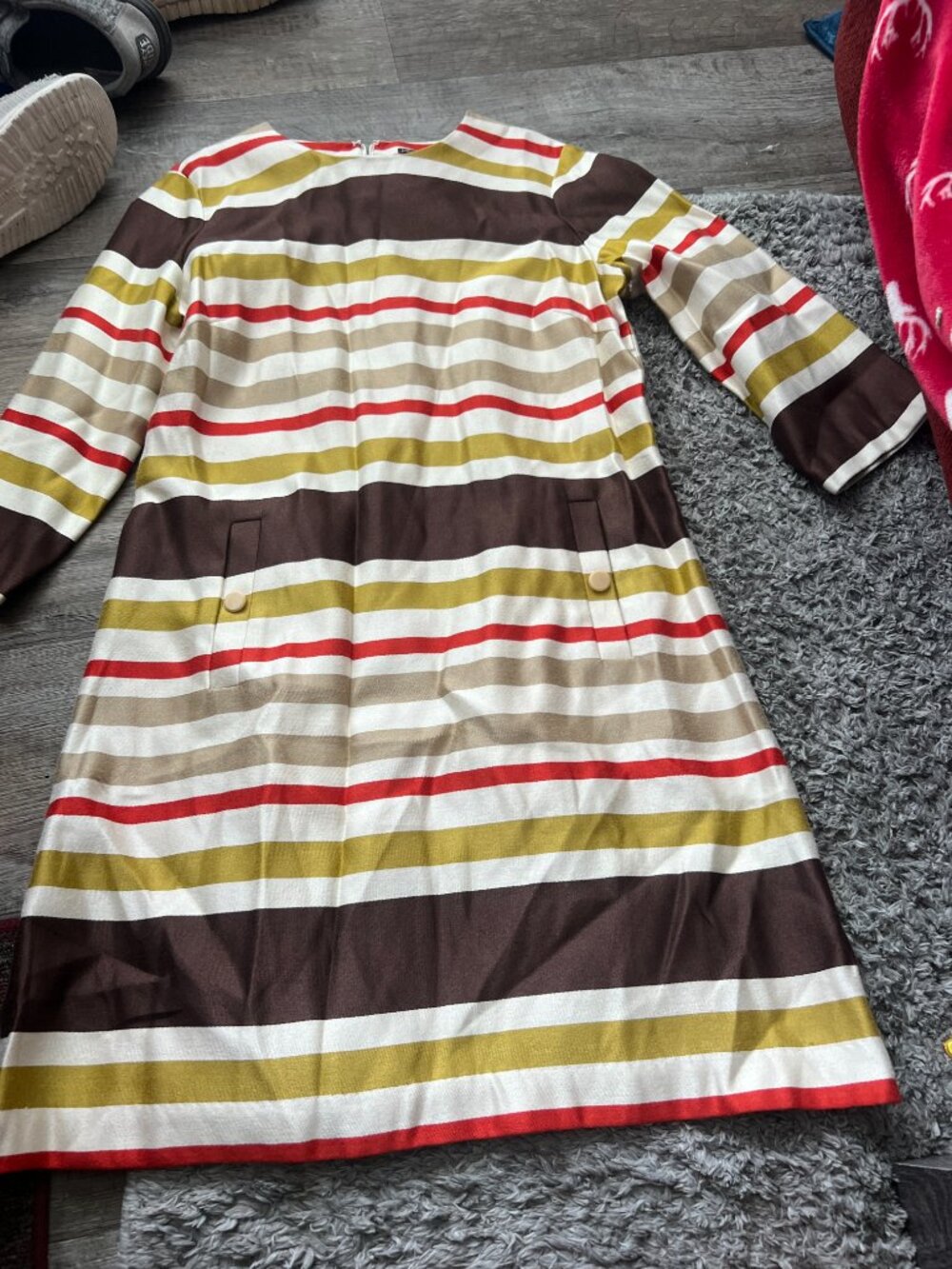 J McLaughlin Striped Shift Dress Red Green Brown 3/4 Sleeve Pockets Size 12 - Picture 5 of 12